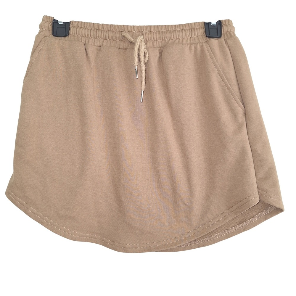 Cotton Blend Chic Knit Minimalist Tan Skort Skirt Shorts M Drawstring Waisteband